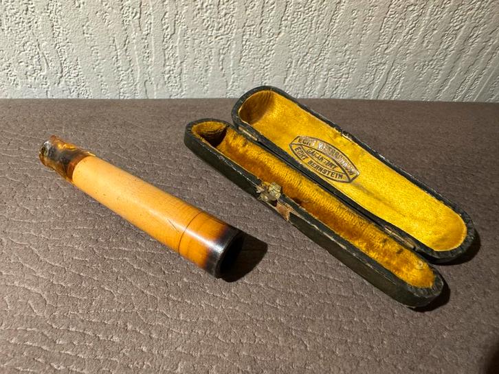 Antieke pijpenkop met etui, Verzamelen, Rookartikelen, Aanstekers en Luciferdoosjes, Gebruikt, Ophalen of Verzenden