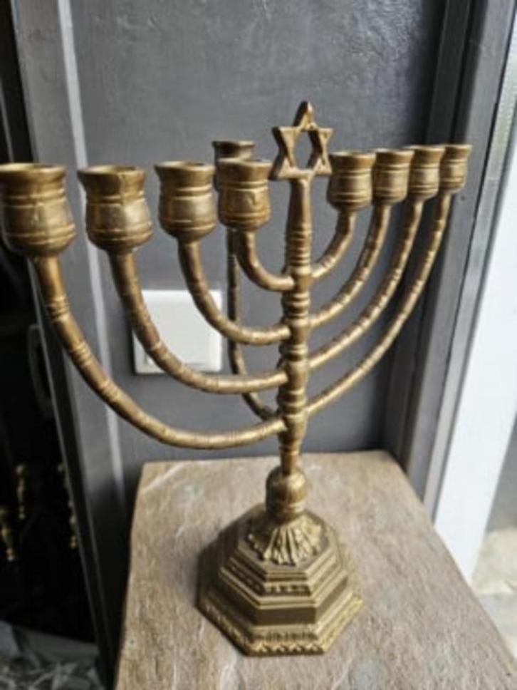 Prachtige grote zware antieke Joodse kandelaar, 9 armen...., Antiek en Kunst, Antiek | Kandelaars, Koper of Brons, Ophalen of Verzenden
