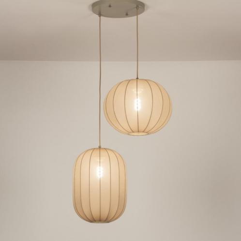 hanglamp taupe lampion tafel bank hoekbank vide hal bed lamp, Huis en Inrichting, Lampen | Hanglampen, Nieuw, 75 cm of meer, Stof