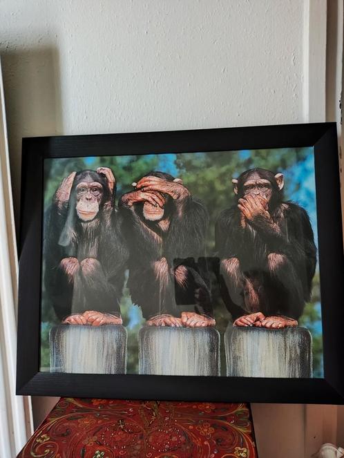 Grote ingelijste poster apen 'Horen, Zien en Zwijgen', Huis en Inrichting, Woonaccessoires | Schilderijen, Tekeningen en Foto's