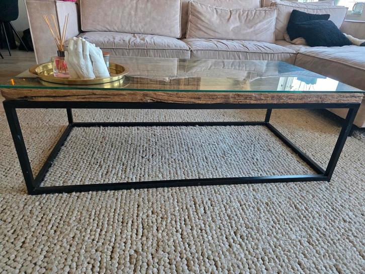 Salontafel Drijfhout & Staal + Glasplaat, Huis en Inrichting, Tafels | Salontafels, Minder dan 50 cm, 50 tot 100 cm, 100 tot 150 cm