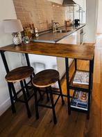Industriële bar met 2 krukjes - 120 cm hout, Huis en Inrichting, Barkrukken, Ophalen, Gebruikt, 90 cm of meer, Metaal