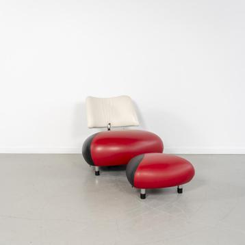 1x Leolux Pallone Fauteuil + Hocker Rood/Zwart/Wit - Chroom beschikbaar voor biedingen