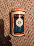 Blikje Bouvy tafelzout 1935 met pauw in het handelsmerk, Ophalen of Verzenden, Gebruikt, Overige