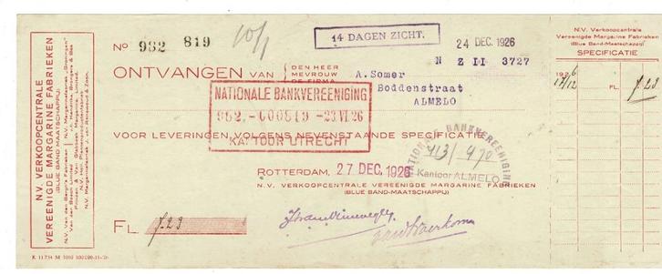 2 KWITANTIES N.V.VERKOOPCENTRALE VER.MARGARINE FABRIEKEN, Verzamelen, Merken en Reclamevoorwerpen, Zo goed als nieuw, Overige typen