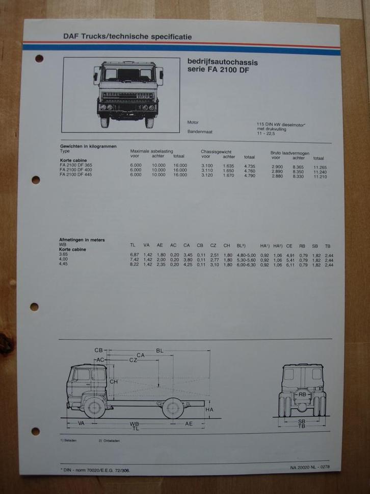 DAF FA 2100 DF Technische Specificatie folder 1978 – 4x2, Boeken, Auto's | Folders en Tijdschriften, Zo goed als nieuw, Overige merken