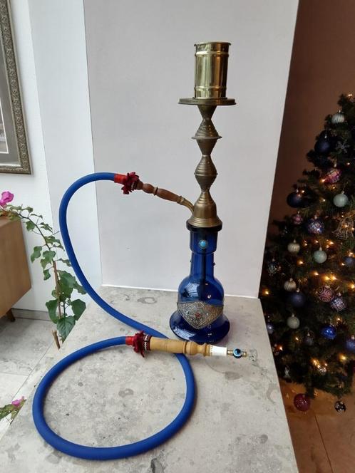 Traditionele waterpijp, shisha, hookah, galion zilver/blauw, Verzamelen, Rookartikelen, Aanstekers en Luciferdoosjes, Zo goed als nieuw