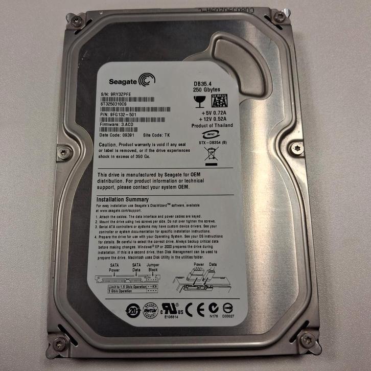 Seagate 250GB HDD - 3.5 inch - Interne Harde Schijf, Computers en Software, Harde schijven, Gebruikt, Desktop, Intern, HDD, SATA