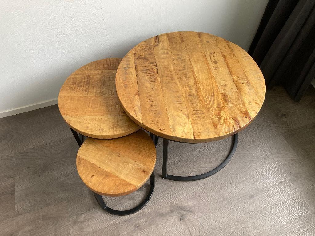 Set van 3 industriële salontafels, mangohout, 100 tot 150 cm, Rond, 50 tot 100 cm, Zo goed als nieuw