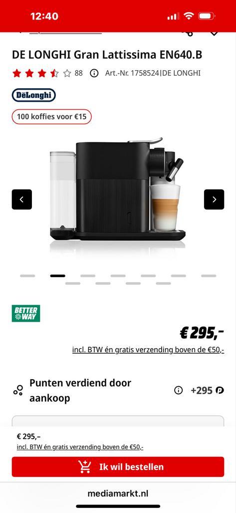 De'Longhi Nespresso Gran Lattissima EN640.B, Witgoed en Apparatuur, Koffiezetapparaten, Gebruikt, Koffiepads en cups, Koffiemachine