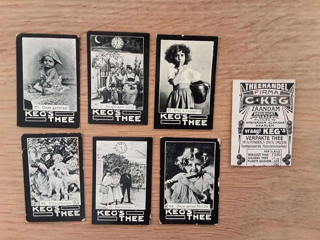 6 Reclameplaatjes Keg's thee theehandel Zaandam, Verzamelen, Ophalen of Verzenden