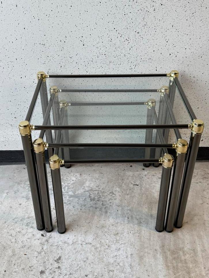 Set van 3 Vintage Nesting Bijzettafels - Glas & Metaal, Antiek en Kunst, Antiek | Meubels | Tafels, Ophalen