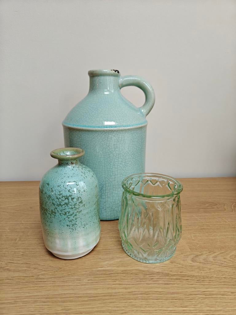 Brocante fles, vaasje en waxinelichthouder., Huis en Inrichting, Aardewerk of Porselein, Ophalen of Verzenden, Zo goed als nieuw