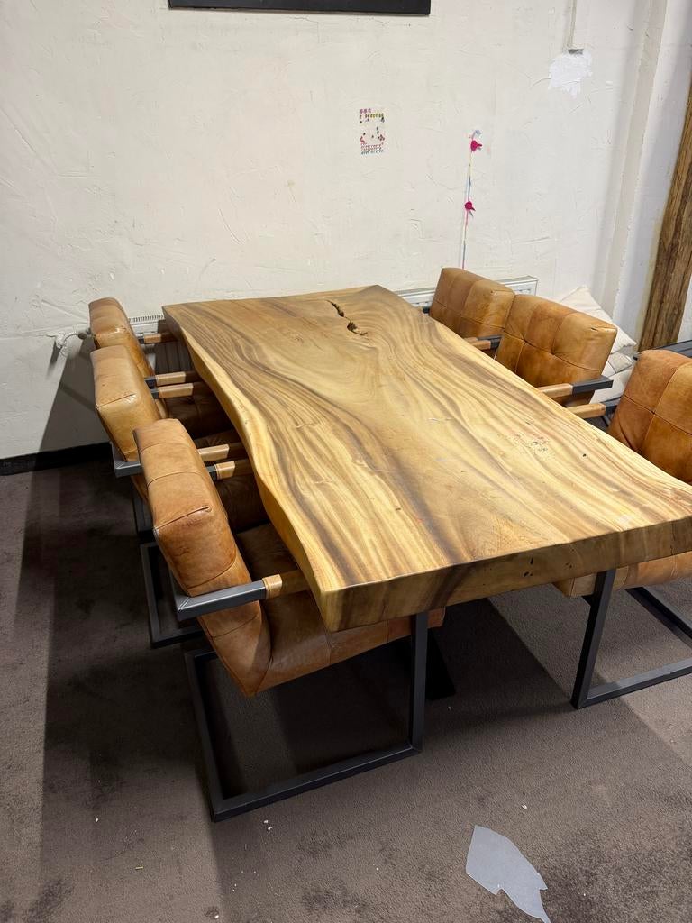 Suar houten eettafel 210x90/100 cm, Ophalen, Gebruikt, 200 cm of meer, 50 tot 100 cm