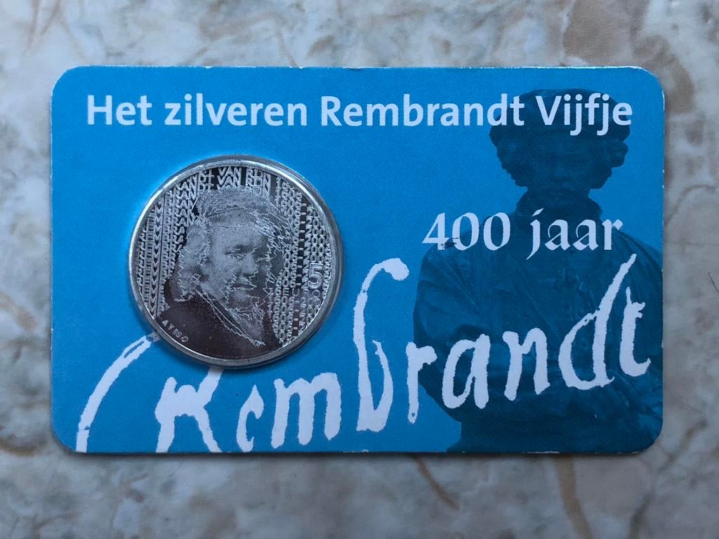 Het zilveren Rembrandt Vijfje, 400 jaar Rembrandt., Postzegels en Munten, Verzenden, Koningin Beatrix, Zilver, Euro's