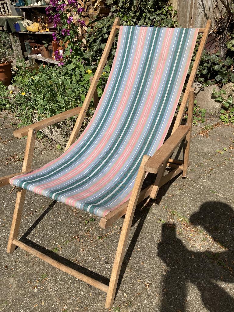 vintage houten strandstoel, Tuin en Terras, Tuinstoelen, Ophalen, Gebruikt, Hout, Verstelbaar
