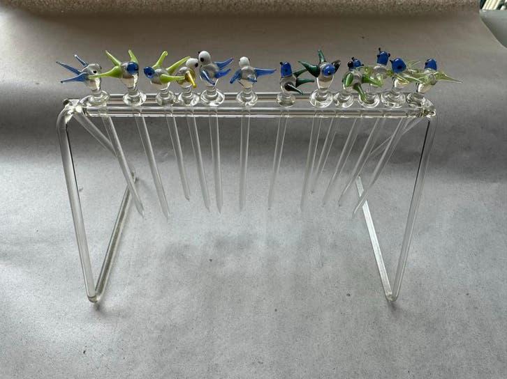 12 Vintage Glazen Cocktailprikkers met Vogeltjes (ca. 1938), Ophalen of Verzenden