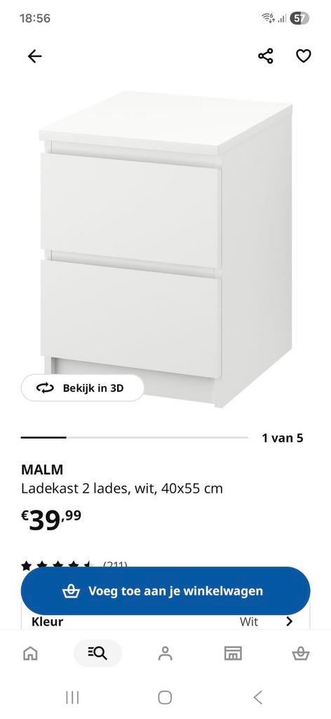 Ikea Malm nachtkastje met 2 lades - Wit, Ophalen, Gebruikt, Minder dan 45 cm, 55 tot 70 cm