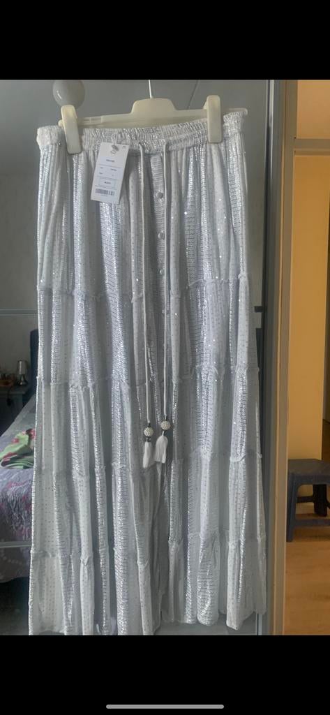 Lange zilveren rok met pailletten - Maat L, Kleding | Dames, Rokken, Overige kleuren, Maat 42/44 (L), Nieuw, Ophalen of Verzenden