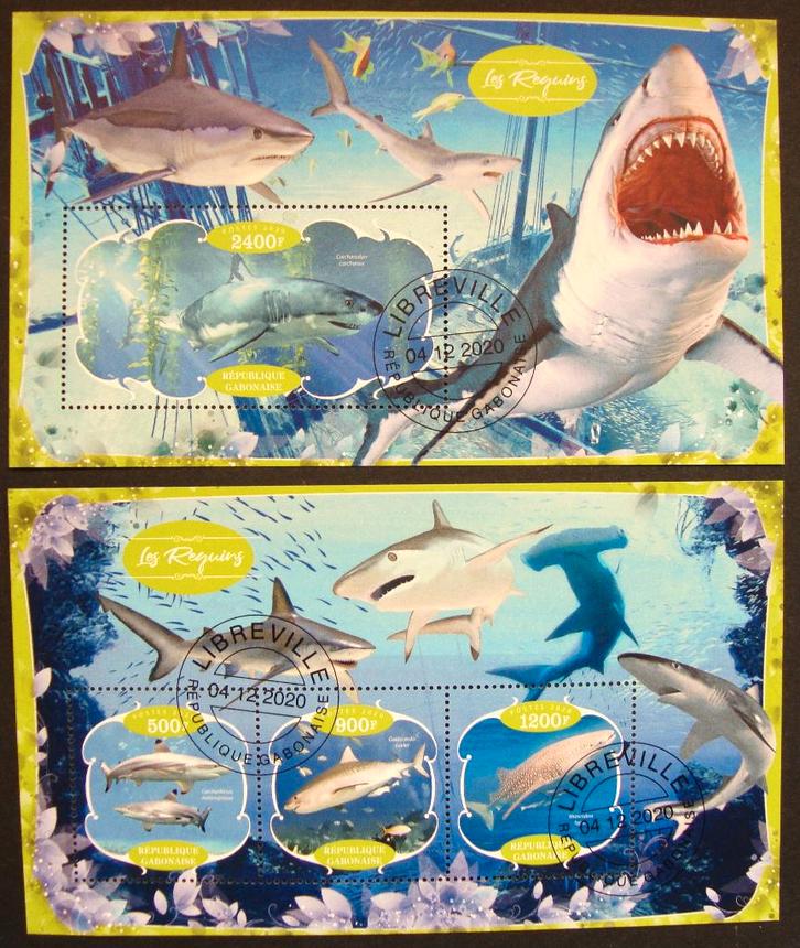 - 743 - 2 Blokken met Haaien., Postzegels en Munten, Postzegels | Thematische zegels, Gestempeld, Dier of Natuur, Verzenden