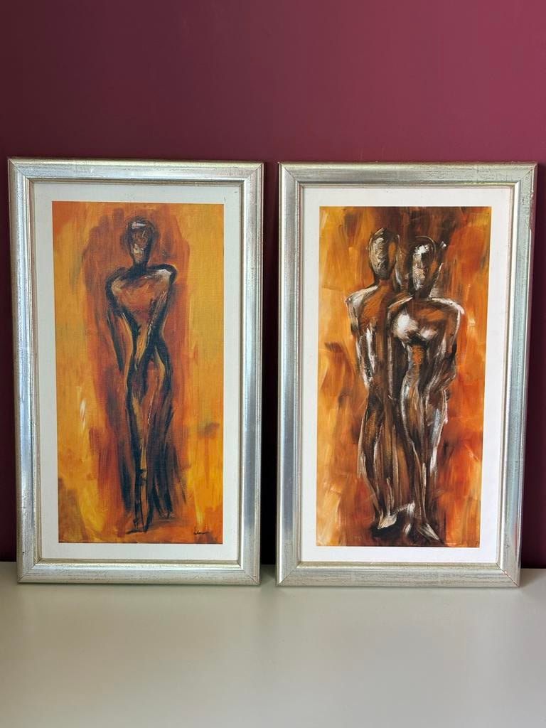 Twee abstracte schilderijen met figuren, Antiek en Kunst, Kunst | Schilderijen | Abstract, Ophalen of Verzenden