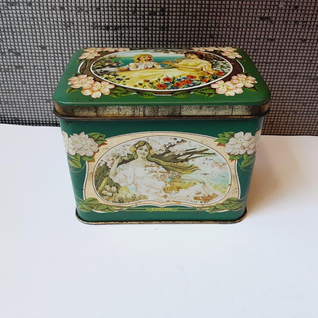 vintage thee blik met lithografie dames, Verzamelen, Blikken, Ophalen of Verzenden, Gebruikt, Thee