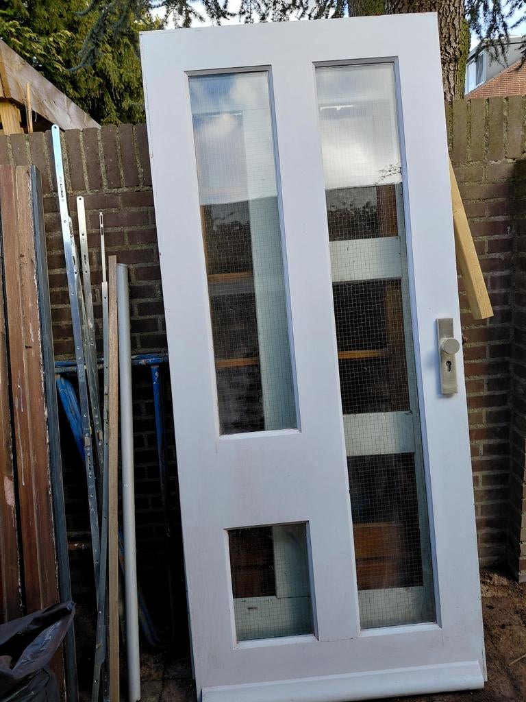 Merbau voordeur 92 x 211.5 dubbelglas 3 ruitjes, Ophalen of Verzenden, Gebruikt, Buitendeur, 200 tot 215 cm