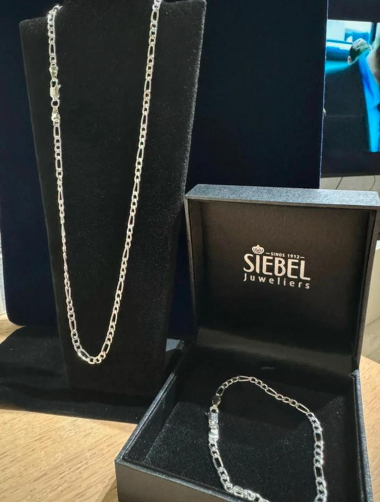 Zilver plated Figaro ketting (45 cm) & armband (20cm) 925, Ophalen of Verzenden, Nieuw, Zilver