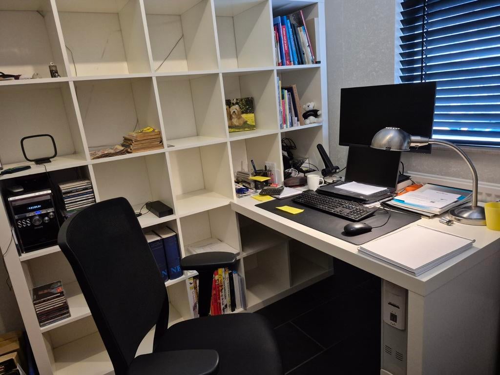 Ikea Kallax open kast, 5x5 vak, met bureaucombi - Wit, Ophalen of Verzenden, Gebruikt, 25 tot 50 cm, Minder dan 100 cm