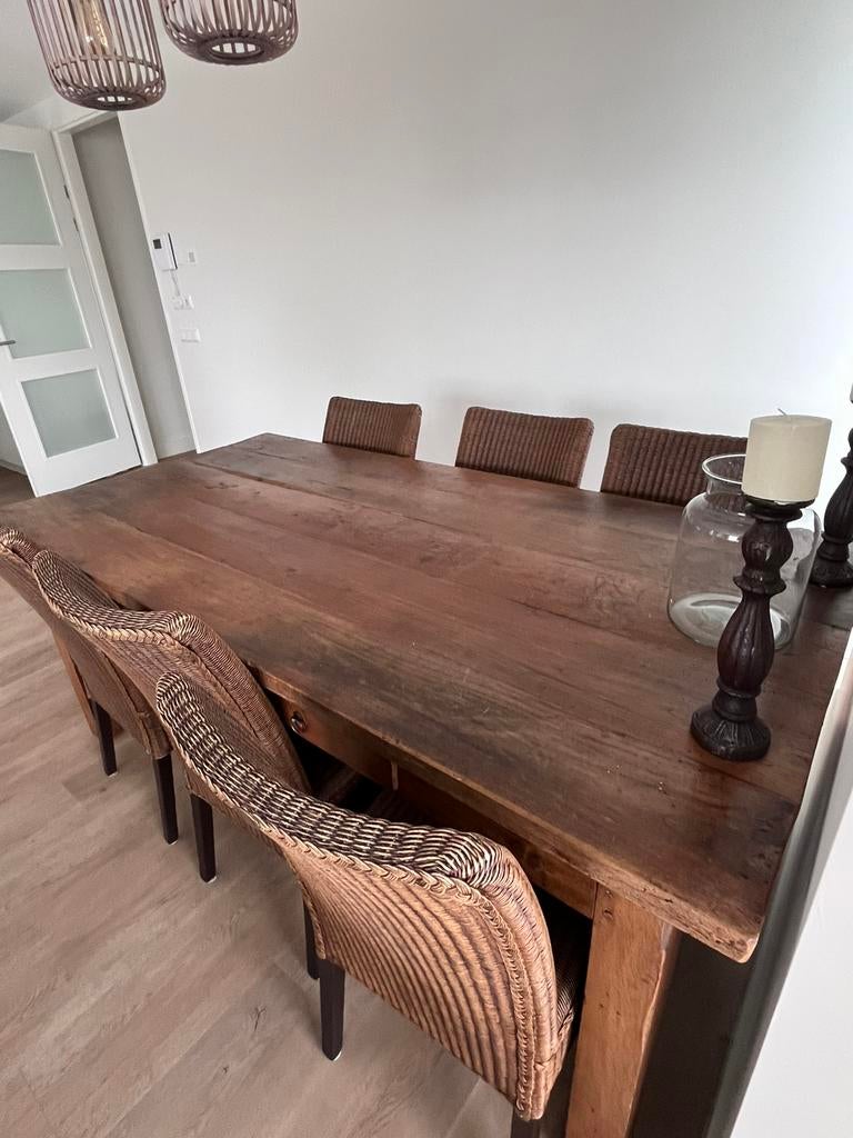 Teakhouten tafel + 6 Lloyd Loomstoelen, Ophalen of Verzenden, Zo goed als nieuw, 6 tot 8 stoelen