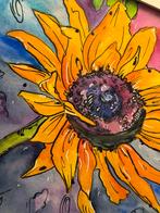 Kleurrijke zonnebloem in lijst Aquarel, Ophalen of Verzenden, Minder dan 50 cm, Schilderij