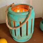 XL lantaarn windlicht 27cm robuust dik hout Ibiza turquoise, Overige kleuren, 25 tot 50 cm, Ophalen of Verzenden, Zo goed als nieuw