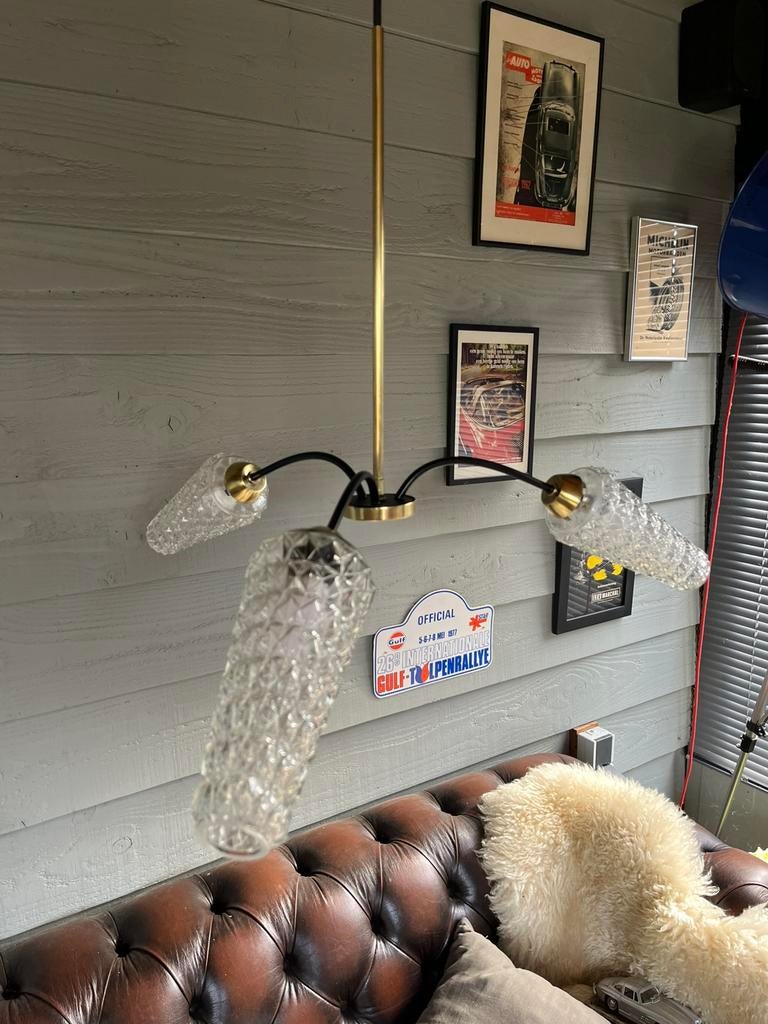 Vintage mid century messing kroonluchter, Huis en Inrichting, Lampen | Kroonluchters, Ophalen of Verzenden, Gebruikt, Glas, Mid century frans jaren 60 vintage