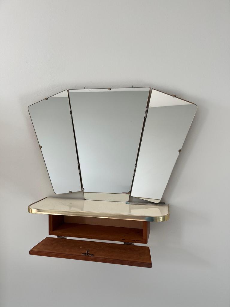 Vintage Teakhouten Drieluik Kapspiegel met Lade, Ophalen, Overige vormen, 50 tot 100 cm, Minder dan 100 cm