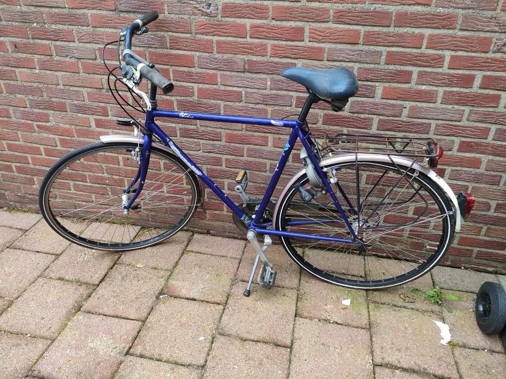 Blauwe herenfiets, Fietsen en Brommers, Fietsen | Heren | Herenfietsen, Overige merken, Gebruikt, Velgrem, Versnellingen
