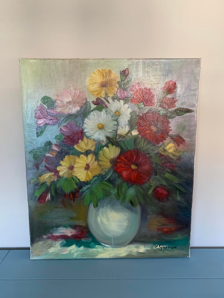 Vintage schilderij met bloemen, Antiek en Kunst, Kunst | Schilderijen | Klassiek, Verzenden