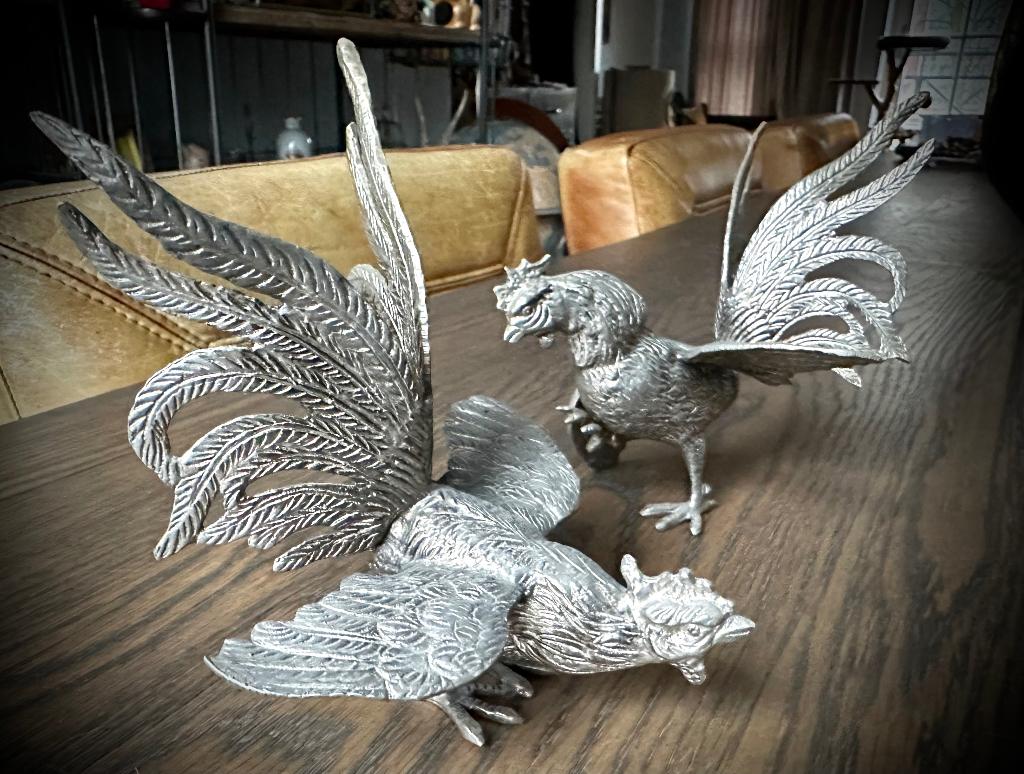 Vogel Kemphanen set 2x Haan dier zilver metaal Beeldje, Antiek en Kunst, Curiosa en Brocante, Verzenden