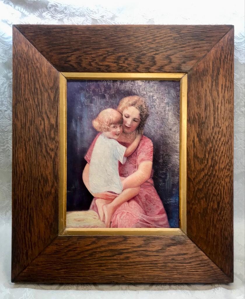 Olieverfschilderij Moeder en Kind, gesigneerd G. Müller, Ophalen of Verzenden, Hout, Minder dan 50 cm