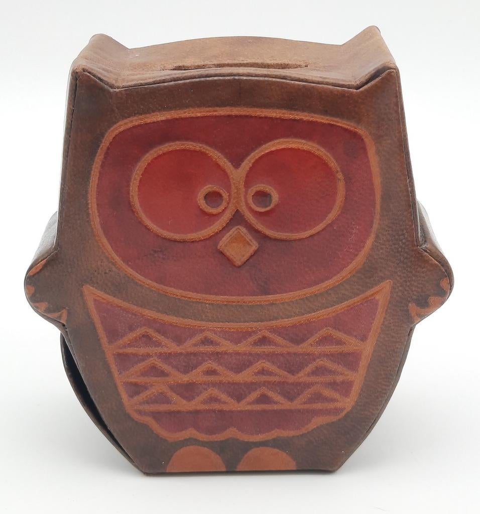 Vintage Leren Uil spaarpot, Ophalen of Verzenden, Zo goed als nieuw, Overige materialen, Dier