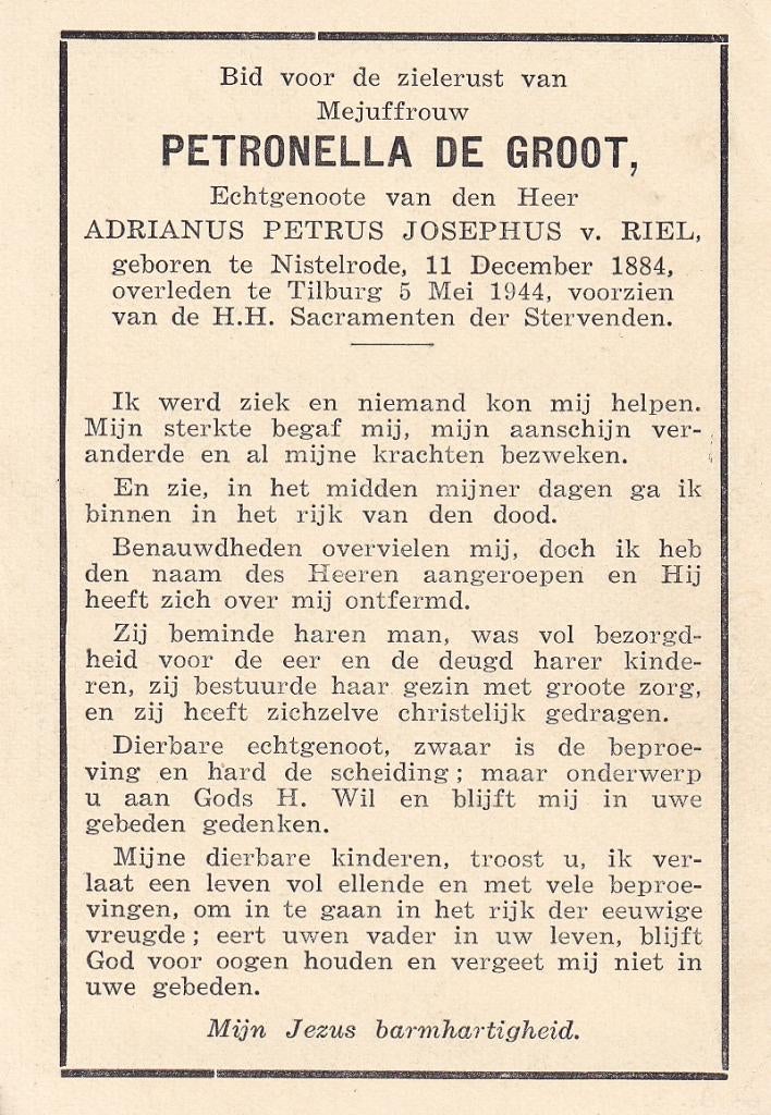 Groot Petronella 1884 Nistelrode 1944 Tilburg, Ophalen of Verzenden, Bidprentje