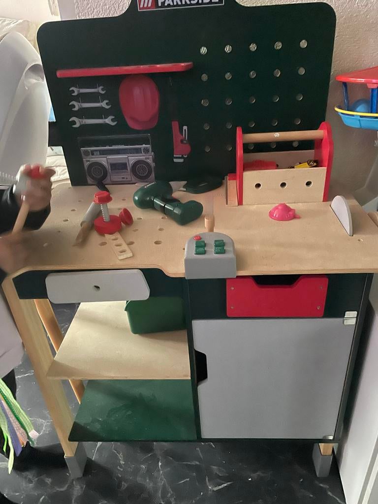 Parkside houten kinder werkbank, Ophalen of Verzenden, Gebruikt, Bouwen, Met geluid