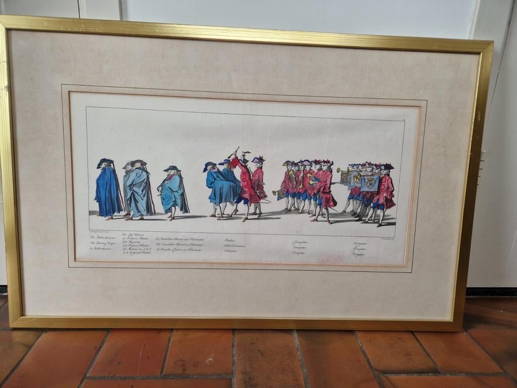 Ingekleurde orginele ets gravure Lijkstatie Willem IV, nr.17, Antiek en Kunst, Ophalen