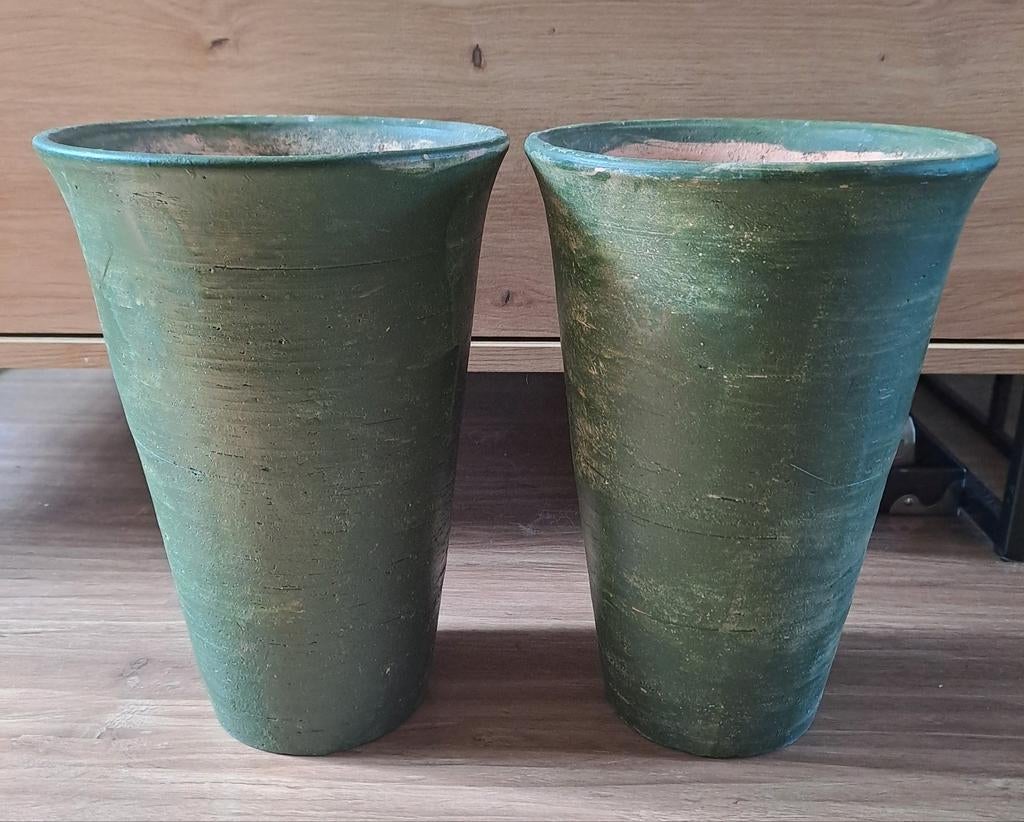 Set van 2 groene Retro Bloempotten Vintage, Overige materialen, Gebruikt, Ophalen of Verzenden, Minder dan 25 cm