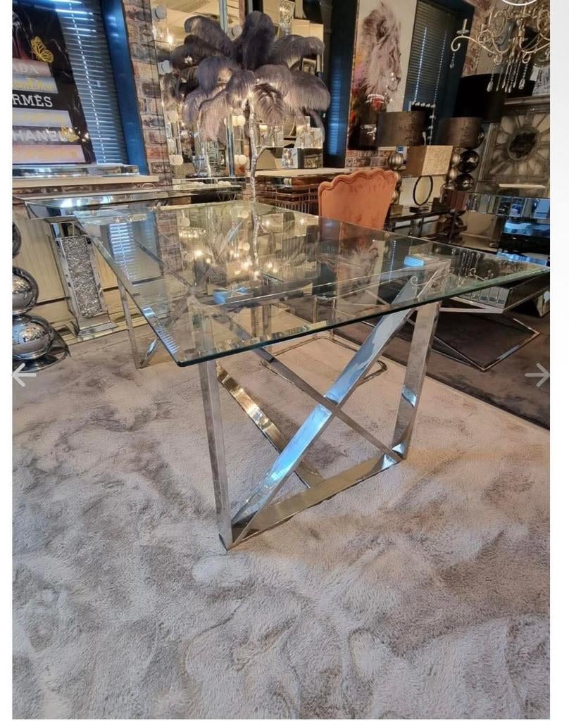 Glazen eettafel met grome onderstel, Huis en Inrichting, Tafels | Eettafels, Ophalen, Rechthoekig, 50 tot 100 cm