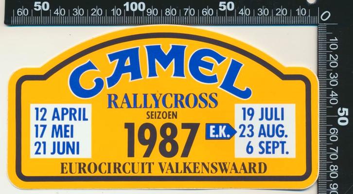 Sticker: Camel - Rallycross Seizoen 1987 - Eurocircuit, Verzamelen, Stickers, Zo goed als nieuw, Auto of Motor, Ophalen of Verzenden