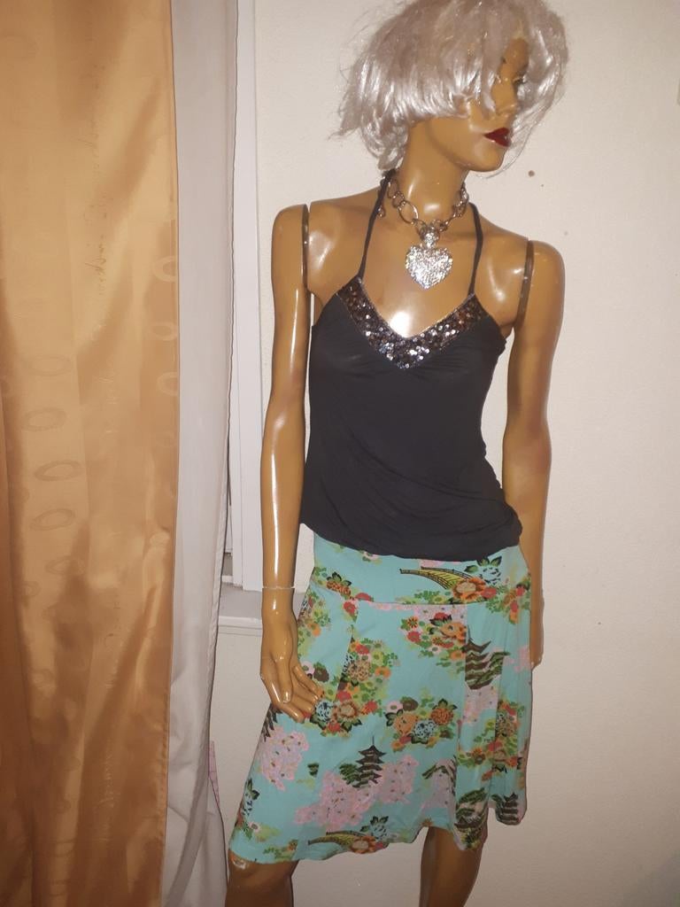 Turquoise rok met print king louie maat M zgan, Kleding | Dames, Rokken, Maat 38/40 (M), Overige kleuren, Ophalen of Verzenden