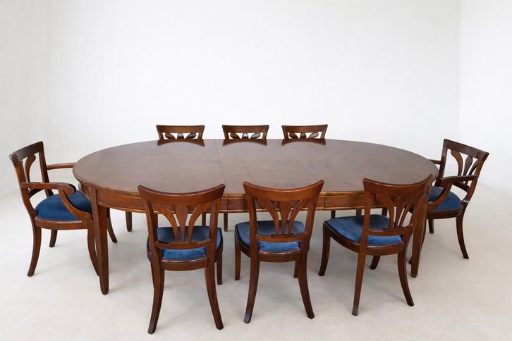 Mahonie uitschuifbare tafel tot 367 cm met 8 stoelen, Huis en Inrichting, Tafels | Eettafels, 50 tot 100 cm, Rechthoekig, Ophalen of Verzenden