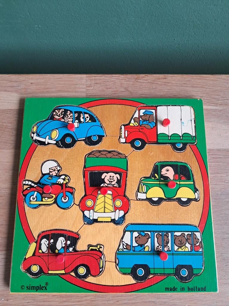 De Groene Merel houten puzzel 7 noppen voertuigen simplex, Ophalen of Verzenden