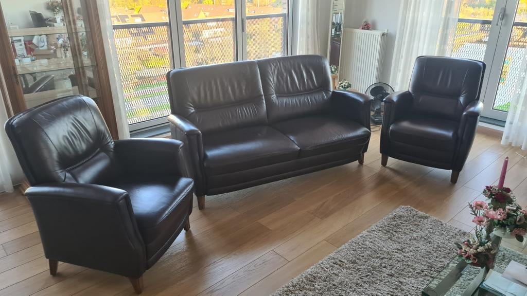 Leren tweezits bank met twee losse stoelen, Ophalen, Gebruikt, 150 tot 200 cm, Tweepersoons