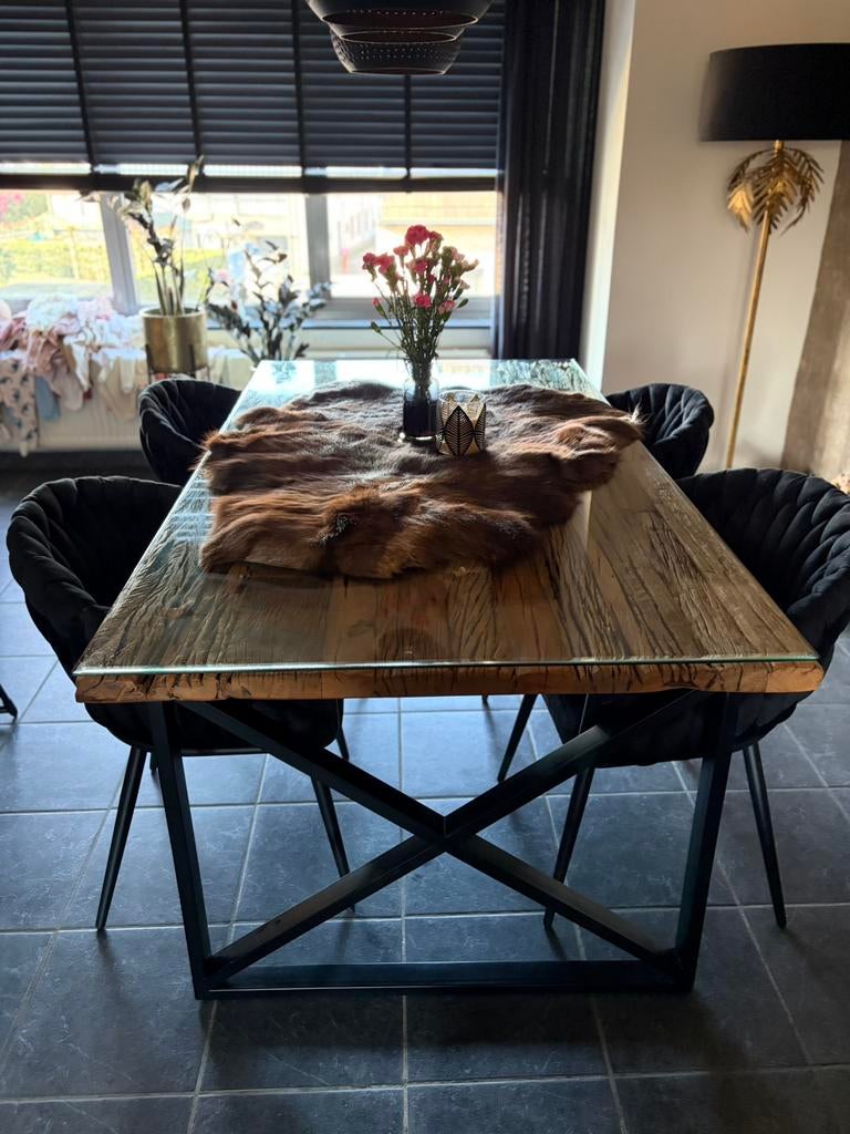 Teakwood eettafel met zwarte velvet stoelen, Ophalen, 200 cm of meer, 50 tot 100 cm, Zo goed als nieuw